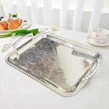 1pc Decorative Metal Rectangular Tray With Beaded Handles Serving Tray Hotel Decor, Suitable For Festival Center Decor, Hotel Home And Office Decor, Any Festival