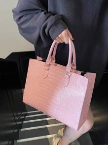 Modische große Handtasche mit Krokodil-Textur und Reißverschluss, geeignet für Alltag, Geschäftsreisen, Urlaub, Outdoor, Zuhause, Studentenwohnheim, Unisex Einkaufstasche - Pink - Übersicht 6