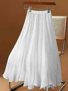 Plus Size Women's Spring/Summer Skirt, Women Elastic Waist Casual Solid Color Mid-Length Chiffon A-Line Skirt, With Lining, Elegant Fitted Slimming, Suitable For Spring/Summer Casual, Work, Vacation Wear