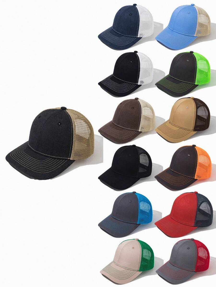 1pc Men's Fashionable Contrast Color Slightly Curved Brim Breathable Mesh Baseball Cap, Sun Protection Hat - Multicolor - View 1