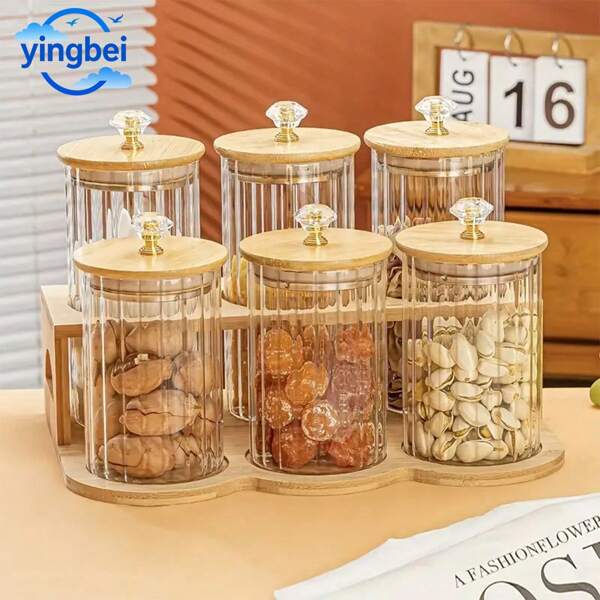 Glass Food Storage Container With Airtight Bamboo Lid, Transparent Vertical Striped Sealed Jar, Suitable For Coffee Beans, Pasta, Nuts And Dried Fruits, Moisture-Proof And Fresh-Keeping, Easy To Clean And Store, Kitchen Decor And Accessory (With Gift Box)