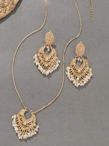 3-teiliges Set Vintage Luxus Quasten Perlen Anhänger Ohrringe & Halskette, europäisch-amerikanisch handgemachter Cut Out V-förmiger Blumen Mehrschicht Perlenanhänger Set, Luxus Schmuck Geschenk für Frauen Party Urlaub