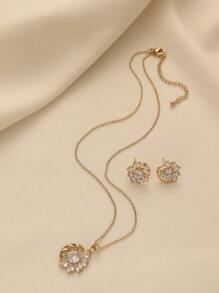 1 Set French Elegant Hollow Copper & Zirconia Stone Pendant Earrings Necklace Jewelry Set, Suitable For Women's Daily Wear, Holiday Gift