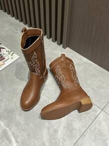 Kids Western Embroidered Cowboy Boots, New Simple Style Boys/Girls Boots, Retro Mid-Calf Versatile Riding Boots, Suitable For All Seasons