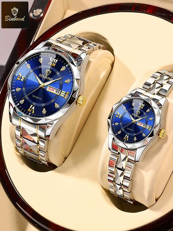BINBOND BINBOND 2PCS Couple Quartz Watch Roman Numeral Fashion Stainless Steel Waterproof Men Wristwatch Women Lovers Watches Valentine's Day Gift For Lovers