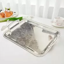 1pc Decorative Metal Rectangular Tray With Beaded Handles Serving Tray Hotel Decor, Suitable For Festival Center Decor, Hotel Home And Office Decor, Any Festival