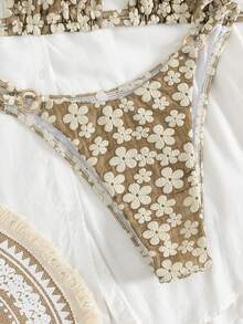 New Fashionable Tiny Ditsy Floral Sexy Halter Bikini With Metal Ring Accent, Two Pieces Swimwear For Women, Spring/Summer