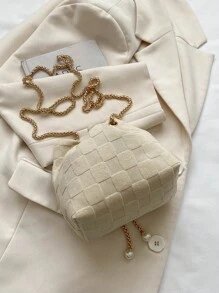 Mini Fashionable Plaid Gold Chain Drawstring Bucket Bag/Beach Bag - Beige - View 10