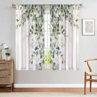 2 peças, cortinas de flores de plantas verdes frescas, padrões tridimensionais de folhas verdes e flores brancas, impressão digital 3D, comum na sala de estar, quarto, varanda e escritório, criando uma atmosfera calorosa e romântica