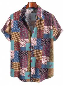Men's Casual Plaid & Ditsy Floral Patchwork Print Short Sleeve Vacation Shirt
