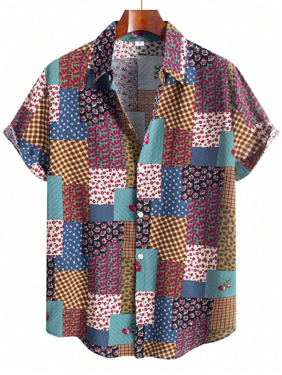 Men's Casual Plaid & Ditsy Floral Patchwork Print Short Sleeve Vacation Shirt