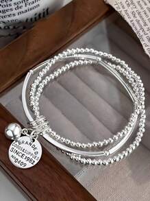 纯银多层圆珠字母圆形品牌手链女士手工弹力绳设计三层银珠手链 - 多層圓牌手鍊 - 查看 10