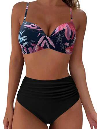 Stylish Women's High Waist Ruched Bikini Set Boho Floral Print Spaghetti Strap Swimsuit With High Stretch