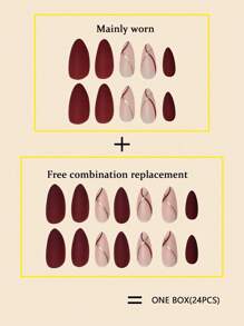 24pcs Medium Length Teardrop Shaped Red & Gold Striped Splice Design Nail Art Stickers With Matte Finish, Full Coverage Wearable Press-On Nails With Gel Polish & Nail File Set, Suitable For Women/Girls, Party, Wedding, Daily Wear