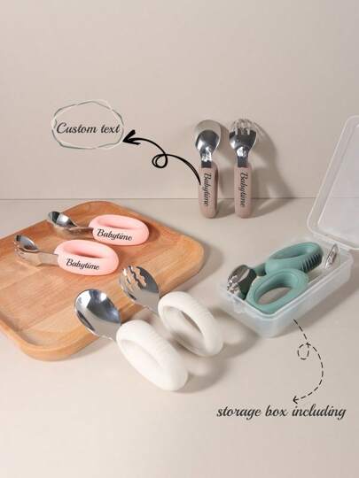 1 set de cuillère et fourchette en silicone et acier inoxydable personnalisable pour bébé, vaisselle pour l'alimentation autonome, avec gravure laser du nom, manche court pour enfants et tout-petits