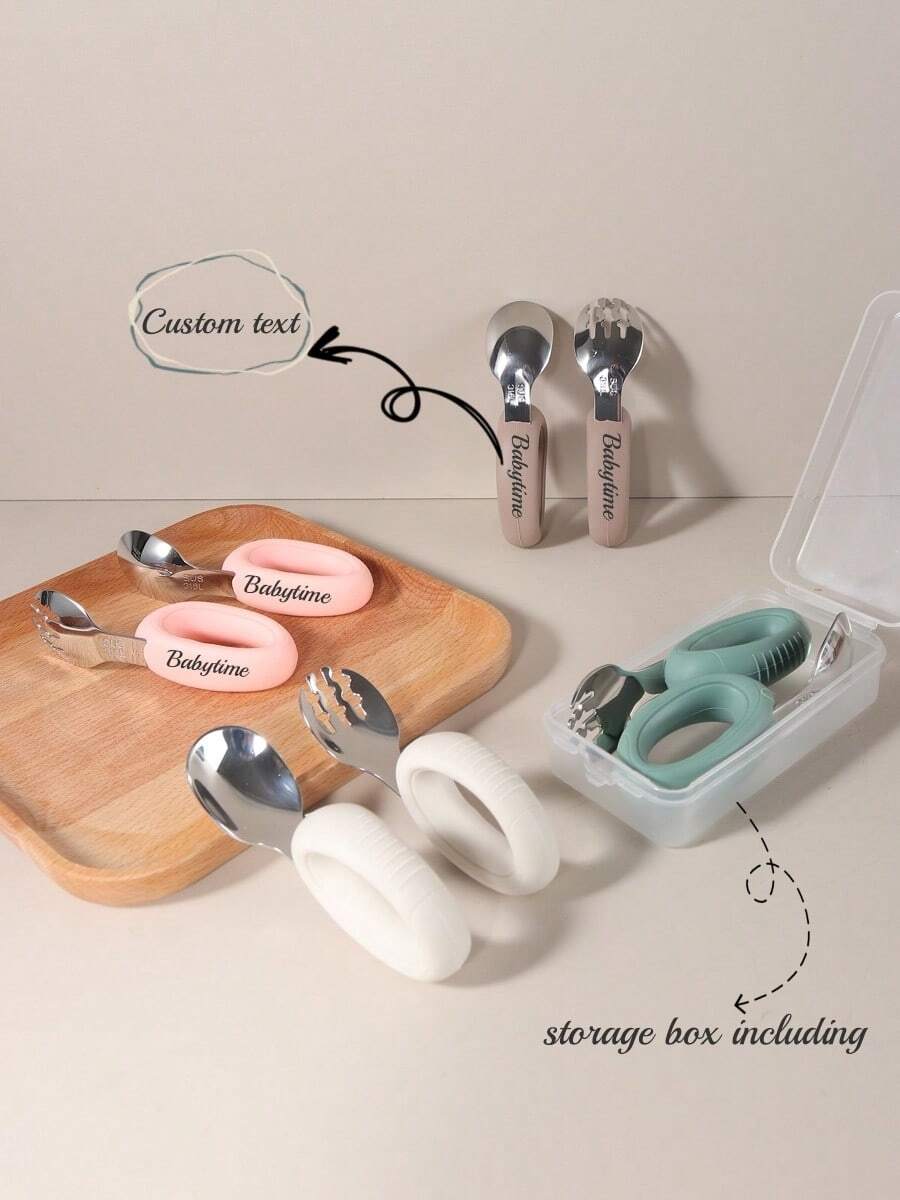 1 Set Customizable Baby Silicone & Stainless Steel Spoon & Fork Self-Feeding Tableware Set, Laser Engraved Name, Short Handle For Children & Toddlers - Multicolor - View 1