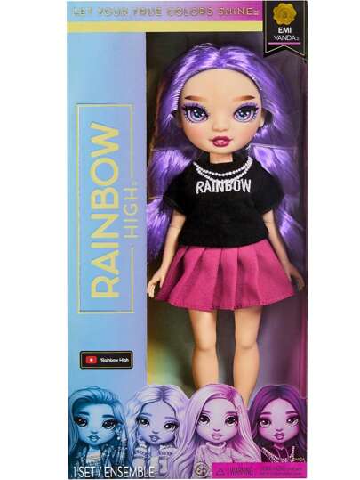  Rainbow High Fashion Muñeca Emi Vanda, Emi Vanda tiene un estilo único, le gusta vestirse toda de morado. Su cabello es morado, tiene largas pestañas y ojos de cristal. Su ropa está llena de detalles. Emi lleva una camiseta estampada, una falda y zapatos de tacón con cordones.