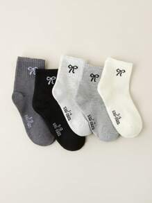 5 Pairs Of Children's Socks, Solid Color Bow Pattern Girls Four Seasons Cute Casual Simple Daily Travel Can Wear Children's Mid-Tube Socks.