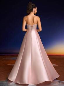 Anymoon 女士高腰长款晚礼服，胸前饰有仿珍珠水钻，适合派对、正式场合和婚礼宾客穿着。春季优雅派对粉色 - 粉色 - 查看 2