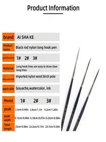 3pcs Long Hair Hook Handle Artist Paint Brush Set, Suitable For Oil, Acrylic Or Watercolor Painting, Easy To Create Smooth Lines And Fine Details (Black), Back To School Supplies - Black - View 3