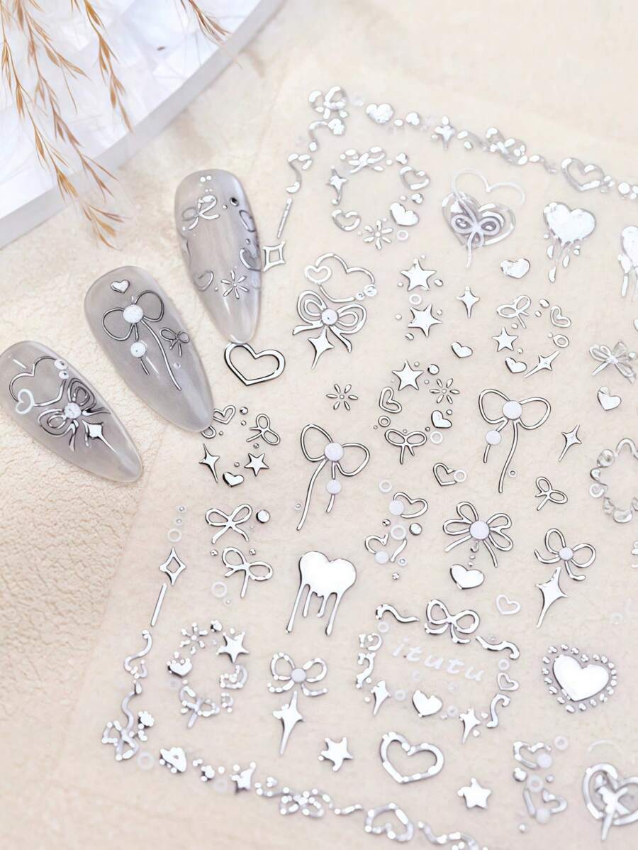 1片5D银色丝带蝴蝶结美甲贴纸，心形蝴蝶结美甲贴纸，青铜金银蝴蝶结美甲贴花，可爱蝴蝶结美甲贴纸，甜美蝴蝶结美甲自粘贴纸，女士DIY美甲贴纸，美甲用品 - 彩色 - 查看 1