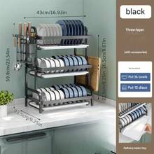 High-Quality 3-Tier Carbon Steel Dish Drying Rack, Large Capacity Dish Storage Organizer With Separate Wet And Dry Compartments, Rust-Resistant Dish Rack With Utensil Holder, Cutting Board Rack, Bowl Rack, Cup Rack And Drainage Pipe - Multicolor - View 13