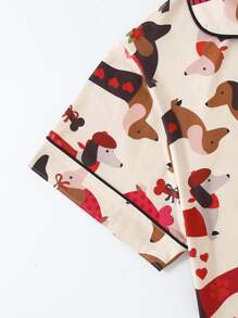 [Livanti 睡衣] 女士三件套睡衣，短袖上衣、短裤和长裤，翻领纽扣T恤。适合所有季节，休闲家居服，宽松舒适，卡通腊肠犬图案 - 彩色 - 查看 6