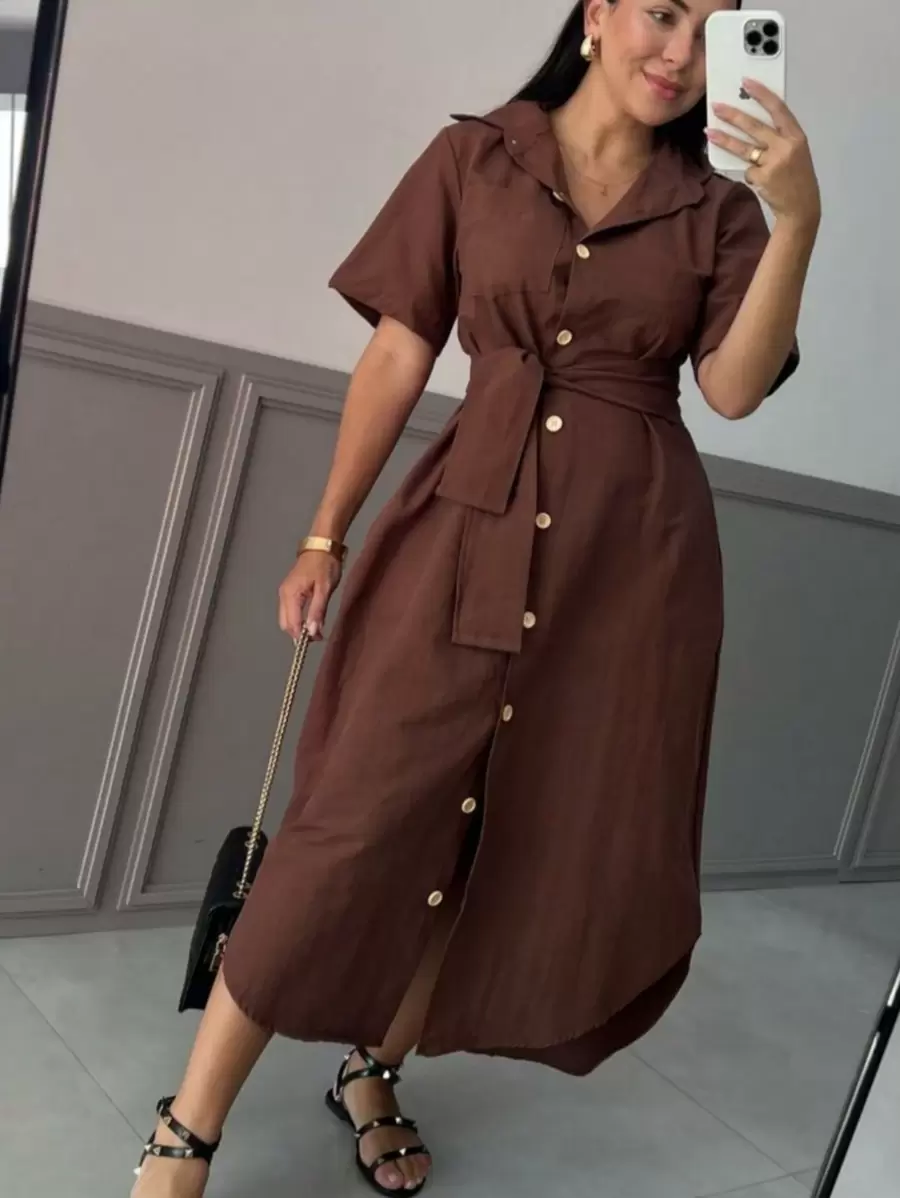 LINEN DRESS WITH BELT SUZI MODA - Coffee - View 1