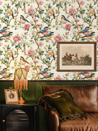 Roll Of Retro Thickened Classical Elegante Peony Flower Branches, Birds, Groen Leaves, Bruin Home ation, Kitchen Cabinets, Tables Chairs, Room Backgrounds, Renovation, DIY, Waterproof, Stain Resistant, Easy To Clean, Self Adhesive, Peel Paste Wallpaper, Wand Stickers, Stickers Bathroom Bedroom ation Stuff Living Ho Art Paper view 6