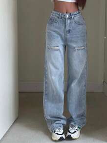 女式高街破洞宽松高腰阔腿牛仔裤 - 中等水洗藍 - 查看 3
