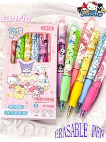 Sanrio Sanrio License 6pcss/Box My Melody & Hello Kitty & Kuromi & Cinnamoroll & Pochacco Gel Blue Pen With Large Capacity Pen Case Set - Cute Cinnamon Dog And Friends Themed Erasable Cute Pens, Erasable Ink, Made Of Plastic, Animal Design - Sanrio Characters Back To School Supplies School Essentials