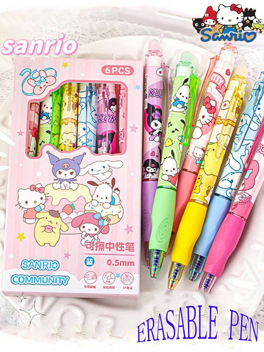 Sanrio Sanrio License 6pcss/Box My Melody & Hello Kitty & Kuromi & Cinnamoroll & Pochacco Gel Blue Pen With Large Capacity Pen Case Set - Cute Cinnamon Dog And Friends Themed Erasable Cute Pens, Erasable Ink, Made Of Plastic, Animal Design - Sanrio Characters Back To School Supplies School Essentials