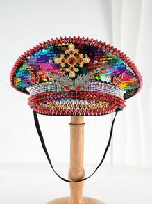 1pc Multicolor Stage Hat, Handmade Sparkling Red & Gold Wing-Shaped Rhinestone Unique Design With 3D Rivets, Personalized Sequin Rivets Captain Hat For Party, Costume, Stage Performance, Suitable For European And American Style Party, Wedding, Jazz Performance, Stage Show, Bachelorette Party, Holiday Banquet - Multicolor - View 3