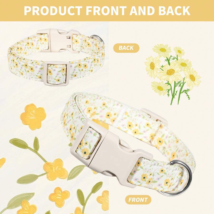 带可拆卸花朵印花的狗项圈，高品质向日葵、雏菊图案主题，配有坚固的米色塑料扣，Puppy Keep Girls 宠物项圈，适用于小型、中型和大型犬，狗用品