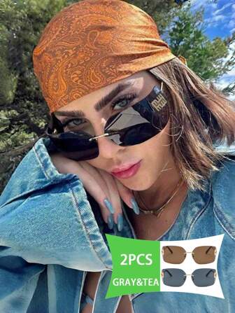 2 قطعة نظارات شمسية أنيقة إطار دون حافة بتصميم منحني للنساء ، أناقة عصر ال- Y2K للصيف والشاطئ والسفر والأنشطة الخارجية