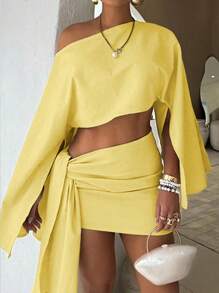 2 件套女士春夏纯色时尚优雅性感派对/海滩/度假露肩短款长袖上衣和系带侧边下摆迷你裙套装 - 黃色 - 查看 4