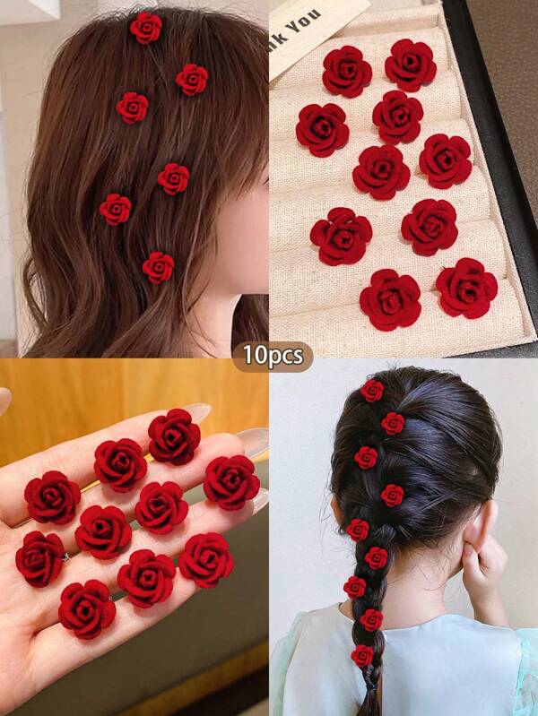 10pcs Red Flower Hair Clips, Sweet Fashion Hair Accessories