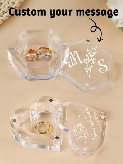 1pc Personalized Wedding Ring Box, Custom Name Date Acrylic Ring Box, Customized Ring Bearer, Customizable Engagement Wedding Ceremony Ring Box, Heart/Hexagon, Gifts For Bride, Newlywed Gift, Wedding Party Gifts, Bridal Gifts, Bridesmaid Gifts, Birthday Gift, Suitable For Him/Her, Boyfriend, Girlfriend, Couple, Wife, Husband, Family, Bestie, Colleague, For Unique Gifts For Anniversary, Wedding, Valentine's Day, Stylish, Unique, Home Refresh, Customized Jewelry Boxes, Warm Ambience,Home & Living,Haunt Your Home,Souvenirs,Reusable,Adorable,High-Quality,Elegant Living,Artful Living