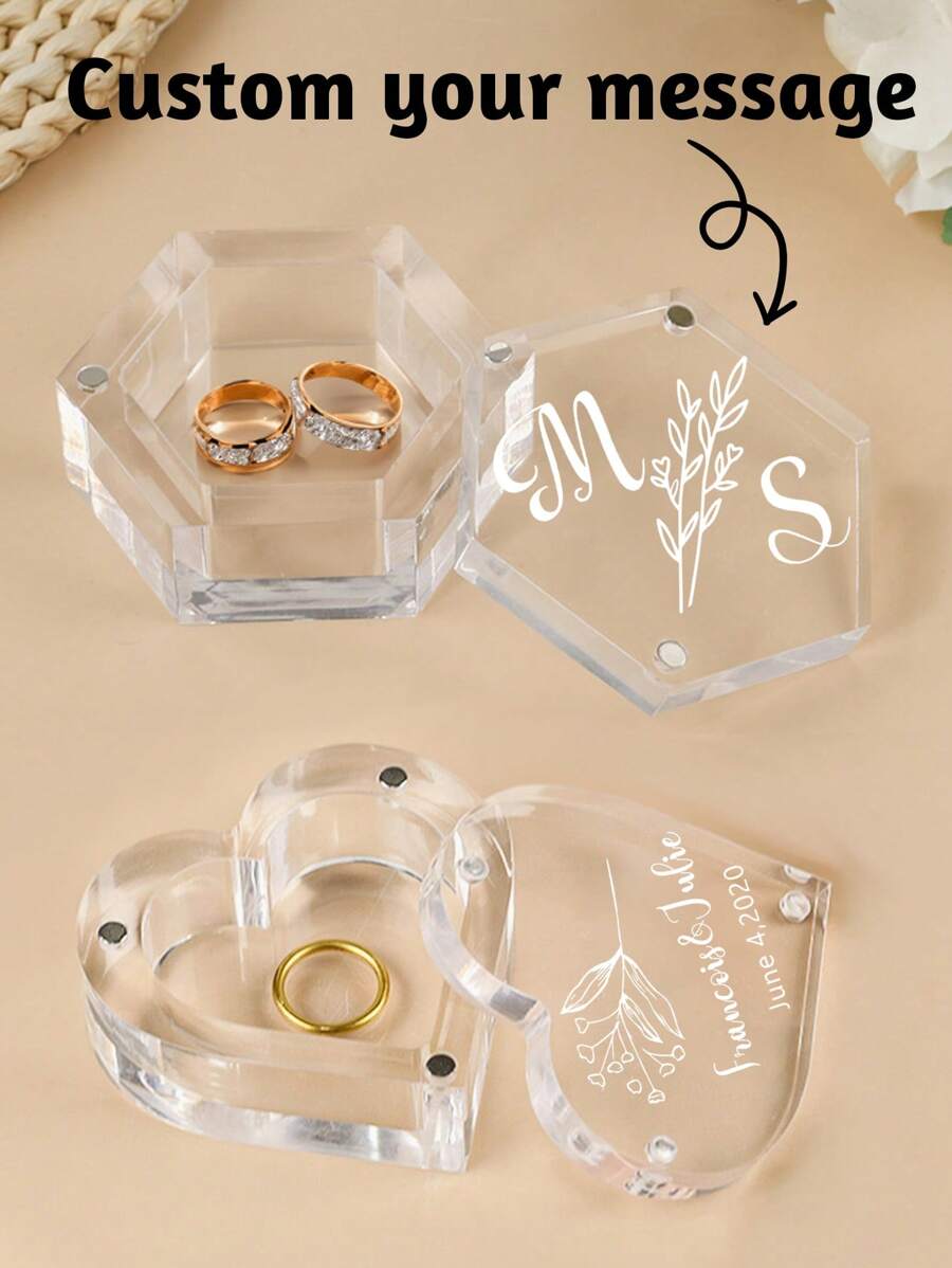 1个个性化结婚戒指盒，可定制姓名和日期亚克力戒指盒，可定制戒托，可定制订婚结婚仪式戒指盒，心形/六边形，送给新娘的礼物，新婚礼物，婚礼派对礼物，新娘礼物，伴娘礼物，生日礼物，适合送给他/她，男朋友，女朋友，情侣，妻子，丈夫，家人，闺蜜 - 風格A - 查看 1