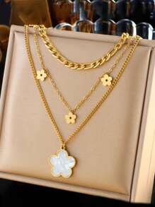 1 pièce Collier à pendentif fleur à coquille vintage lisse multicouche avec chaîne en acier inoxydable