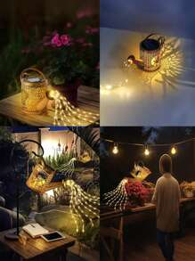 1 pièce de Arrosoir décoratif solaire avec guirlande lumineuse. Décoration de jardin en métal poli nickelé. Lumières solaires de cascade de 600 mAh avec 36 LED, contrôle par capteur de lumière, sans télécommande