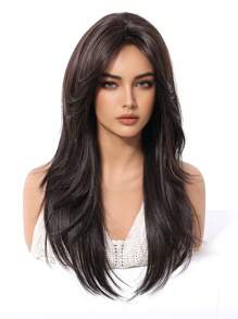 Peluca sintética resistente al calor con onda natural larga, división central, raya media, negro marrón de 26 pulgadas, natural diaria, suave y realista (sin accesorios)