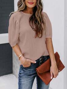 Women's Solid Short Sleeve Blouse Summer Crew Neck Casual Tops Fashion Puffed Sleeve Shirt