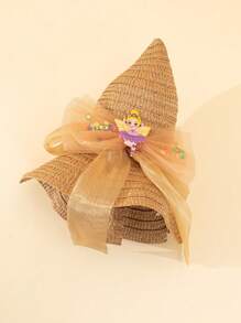 1pc Kids Girls' Ballet Dancer Net Bow Decoration Khaki Sun Hat, Suitable For Daily Life, Outdoor Leisure And Vacation, Princess Style