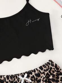 2 Pieces Halter Top And Leopard Print Shorts Homewear Set, Custom Text Content, Custom English Text, Custom Text Content Fun Underwear, Her Birthday Gift, Anniversary Gift, Wife, Girlfriend, Unique Gift Custom Text Content,