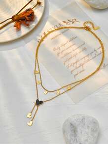 Double-Layer Heart Pendant Choker Necklace - Stainless Steel, Shell Accent, Sexy Simple Style, No Plating, Tassel Detail, For Daily And Party WearDouble-Layer Heart Pendant Choker Necklace - Stainless Steel, Shell Accent, Sexy Simple Style, No Plating, Tassel Detail, For Daily And Party Wear