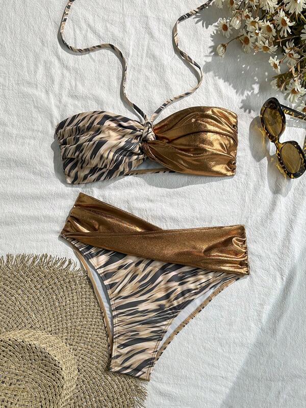 Women's Two Pieces Bikini Set With Twist Front Cutout & Halter Neck Design