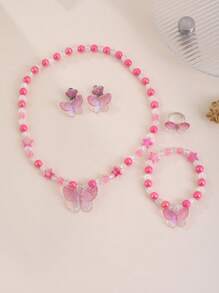 5pcs/Set Kids Pink Butterfly Bead Necklace, Earrings, Ring Set
