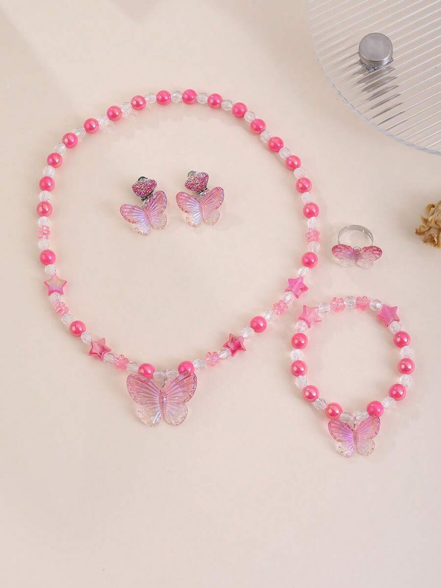5pcs/Set Kids Pink Butterfly Bead Necklace, Earrings, Ring Set
