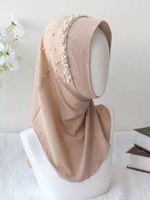 1pc Girls Beaded Solid Color Soft Headscarf, Comfortable Loose Fit Hijab Scarf - White Beaded Headscarf - View 10